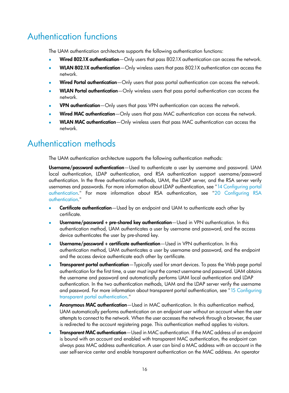 Authentication functions, Authentication methods | H3C Technologies H3C Intelligent Management Center User Manual | Page 34 / 641
