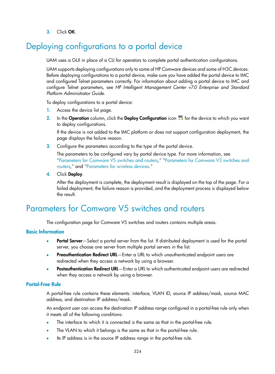Deploying configurations to a portal device, Parameters for comware v5 switches and routers, Basic information | Portal-free rule | H3C Technologies H3C Intelligent Management Center User Manual | Page 342 / 641