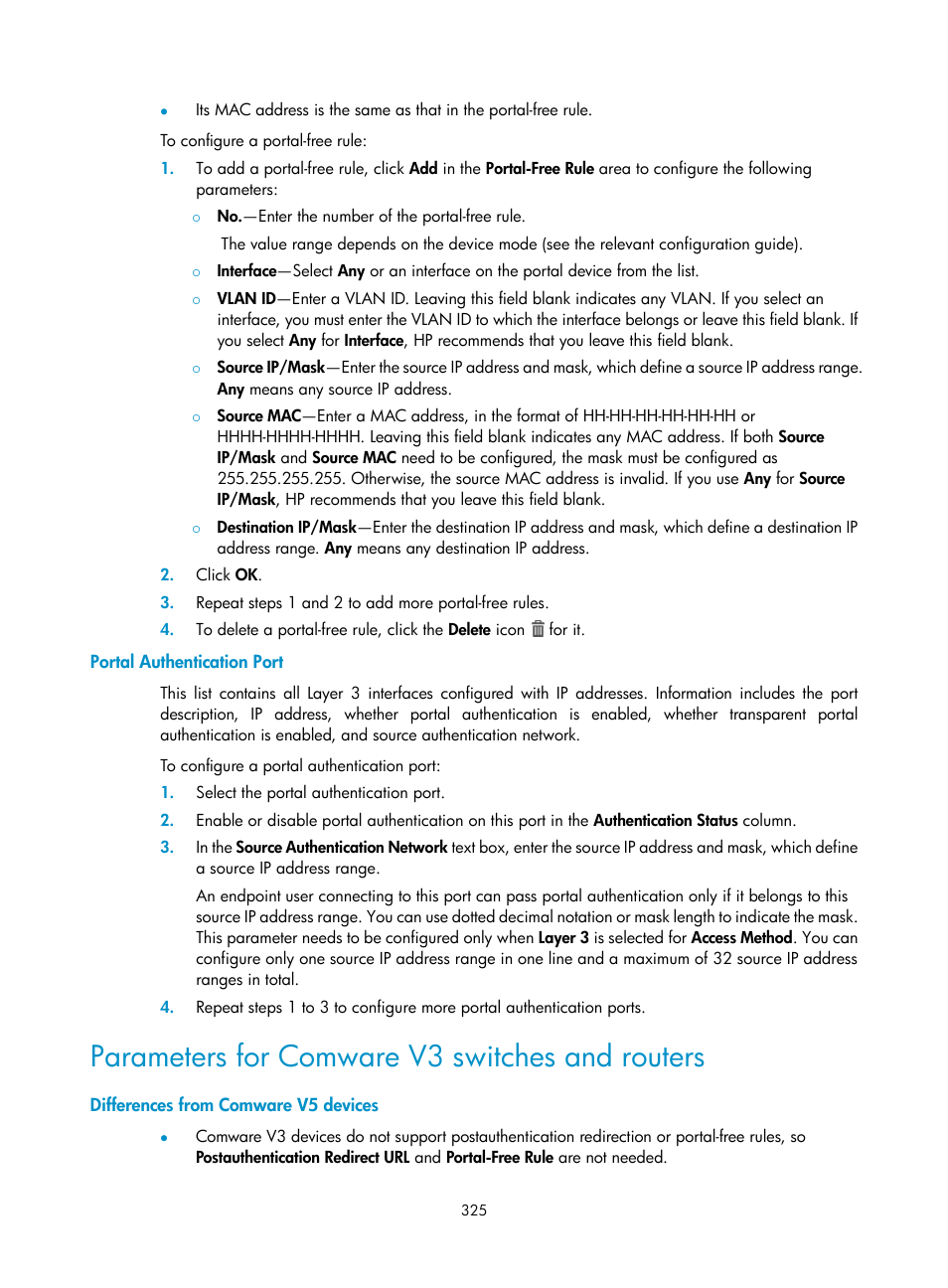 Portal authentication port, Parameters for comware v3 switches and routers, Differences from comware v5 devices | Parameters for comware v3 switches and, Routers | H3C Technologies H3C Intelligent Management Center User Manual | Page 343 / 641