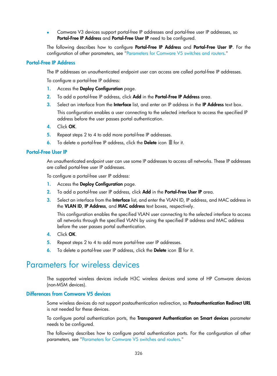 Portal-free ip address, Portal-free user ip, Parameters for wireless devices | Differences from comware v5 devices | H3C Technologies H3C Intelligent Management Center User Manual | Page 344 / 641