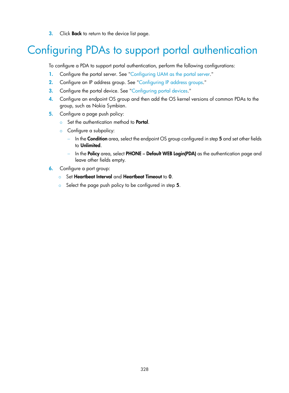 Configuring pdas to support portal authentication | H3C Technologies H3C Intelligent Management Center User Manual | Page 346 / 641