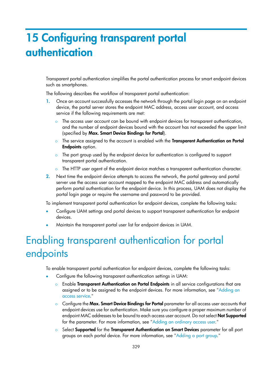 15 configuring transparent portal authentication, 15 configuring, Transparent portal authentication | 15 configuring transparent, Portal authentication, Configuring transparent portal authentication | H3C Technologies H3C Intelligent Management Center User Manual | Page 347 / 641