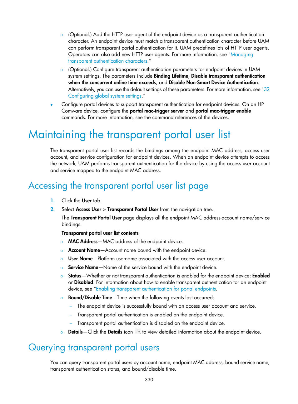 Maintaining the transparent portal user list, Querying transparent portal users, Accessing the transparent portal user list page | H3C Technologies H3C Intelligent Management Center User Manual | Page 348 / 641