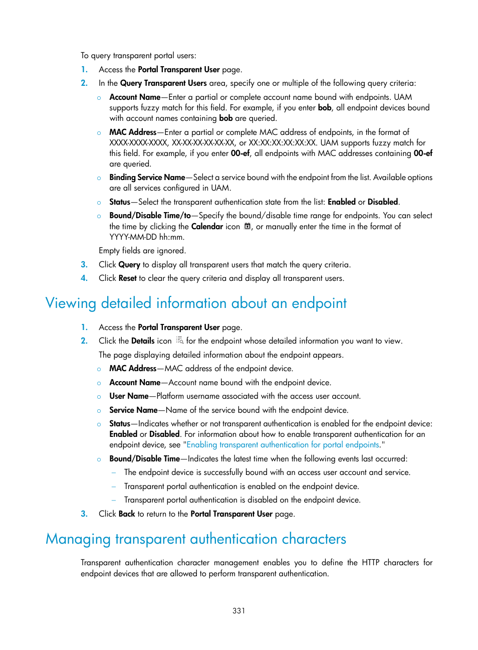 Viewing detailed information about an endpoint, Managing transparent authentication characters, Managing | Transparent authentication characters | H3C Technologies H3C Intelligent Management Center User Manual | Page 349 / 641
