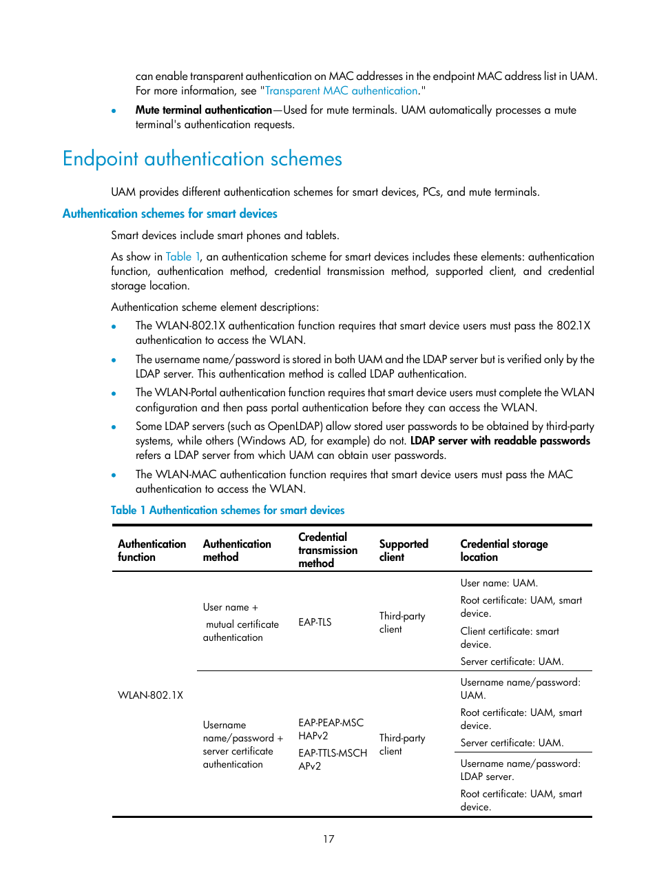 Endpoint authentication schemes, Authentication schemes for smart devices | H3C Technologies H3C Intelligent Management Center User Manual | Page 35 / 641