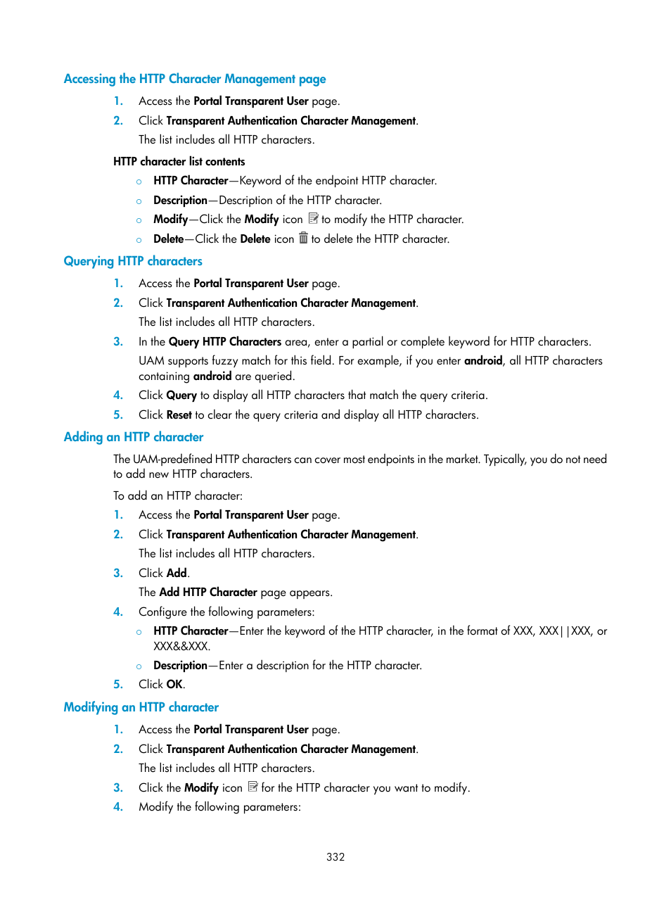Querying http characters, Adding an http character, Modifying an http character | H3C Technologies H3C Intelligent Management Center User Manual | Page 350 / 641