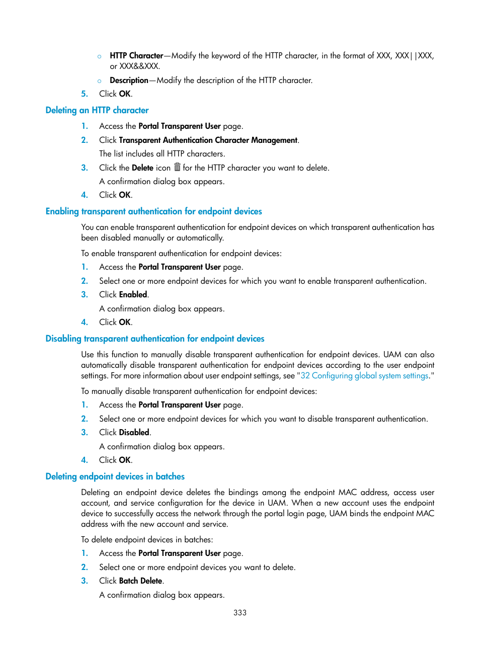 Deleting an http character, Deleting endpoint devices in batches | H3C Technologies H3C Intelligent Management Center User Manual | Page 351 / 641