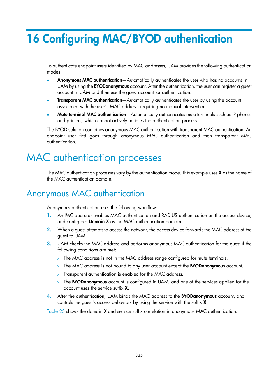 16 configuring mac/byod authentication, Mac authentication processes, Anonymous mac authentication | Configuring mac/byod authentication | H3C Technologies H3C Intelligent Management Center User Manual | Page 353 / 641