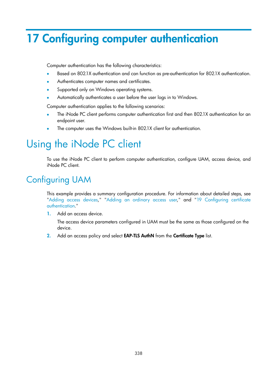 17 configuring computer authentication, Using the inode pc client, Configuring uam | H3C Technologies H3C Intelligent Management Center User Manual | Page 356 / 641