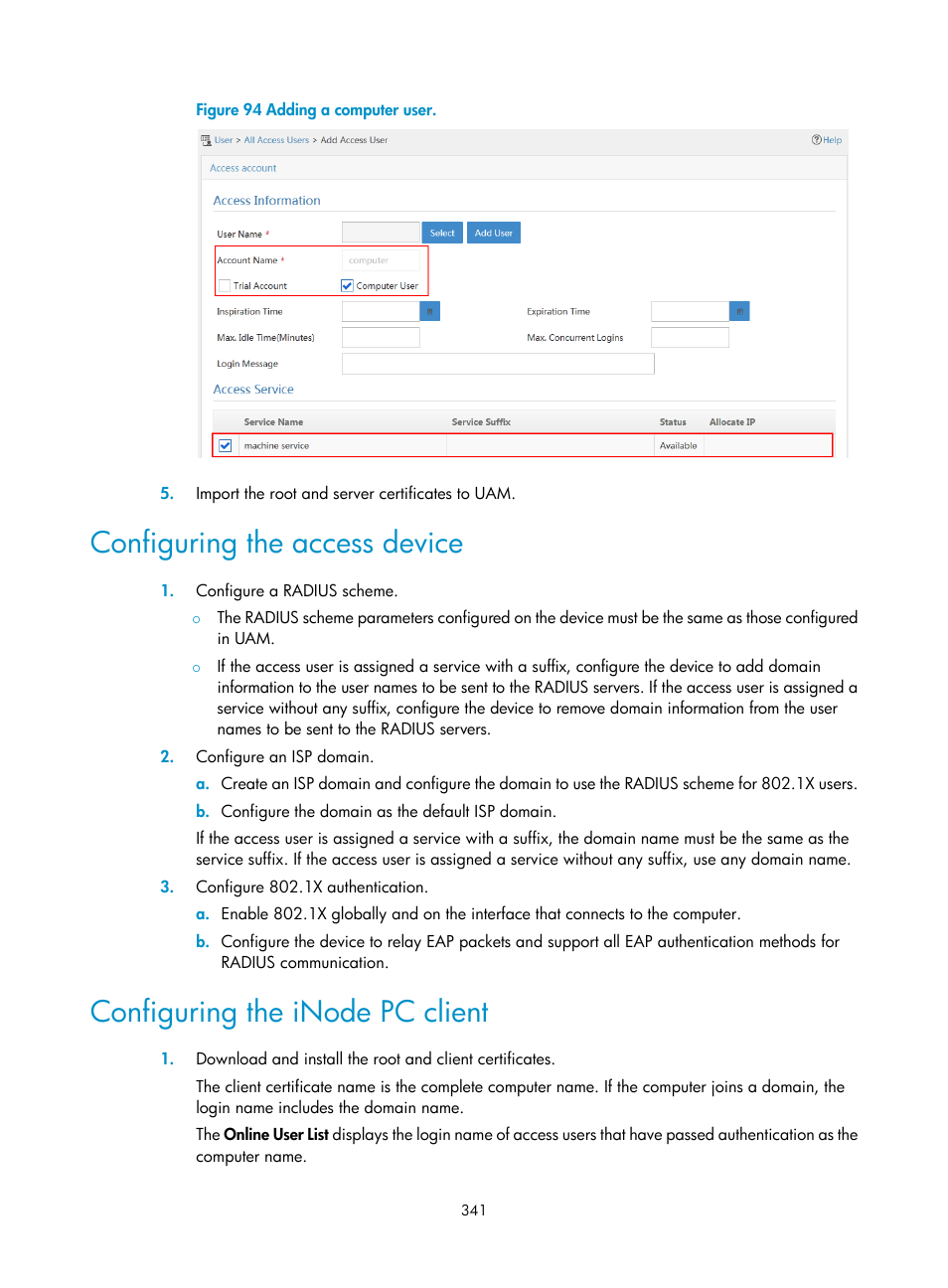 Configuring the access device, Configuring the inode pc client | H3C Technologies H3C Intelligent Management Center User Manual | Page 359 / 641
