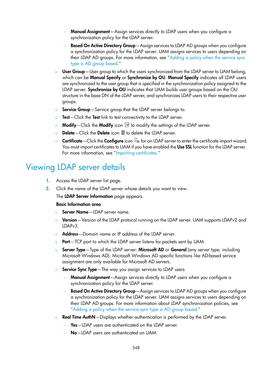 Viewing ldap server details | H3C Technologies H3C Intelligent Management Center User Manual | Page 366 / 641