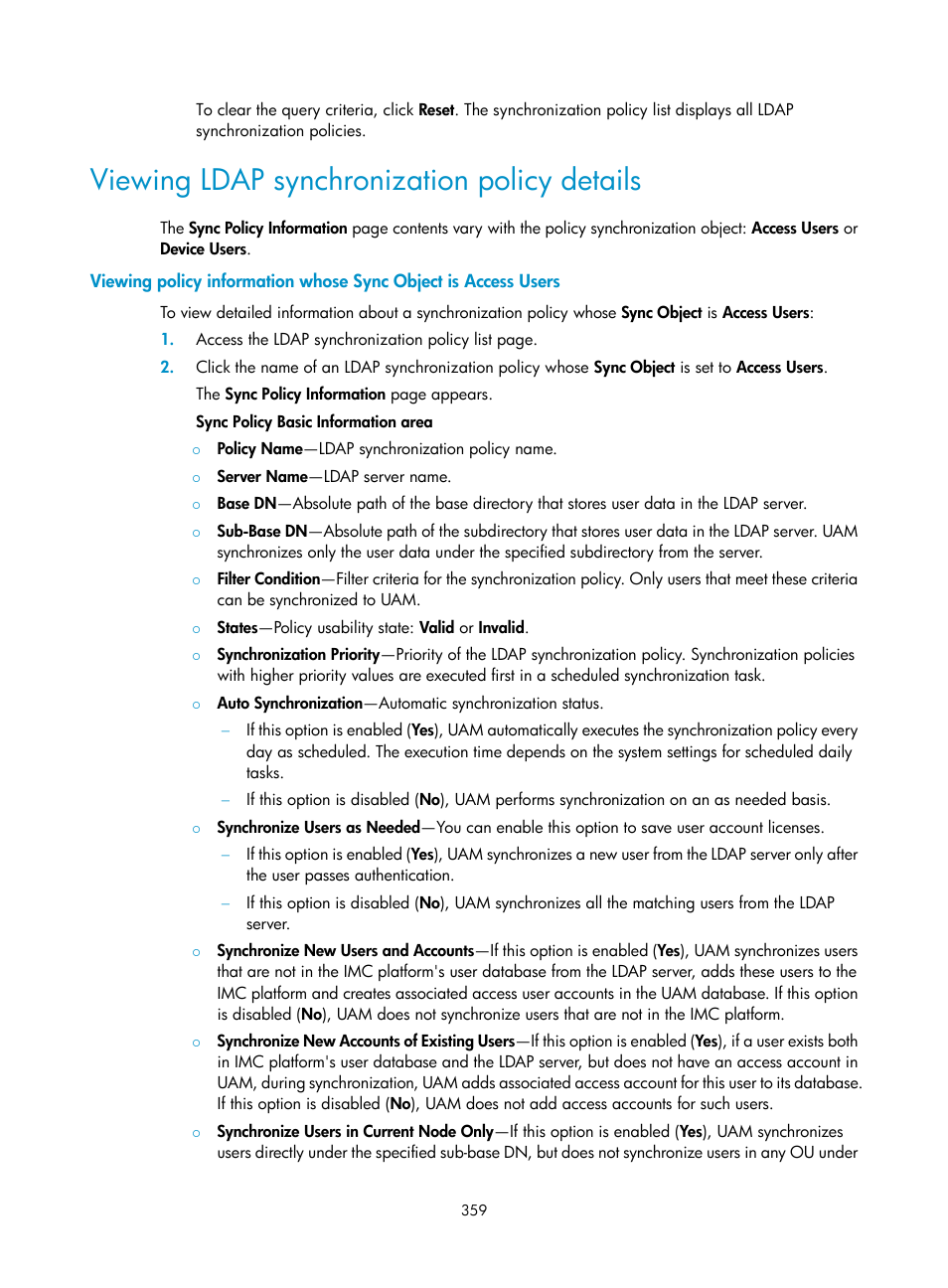 Viewing ldap synchronization policy details | H3C Technologies H3C Intelligent Management Center User Manual | Page 377 / 641