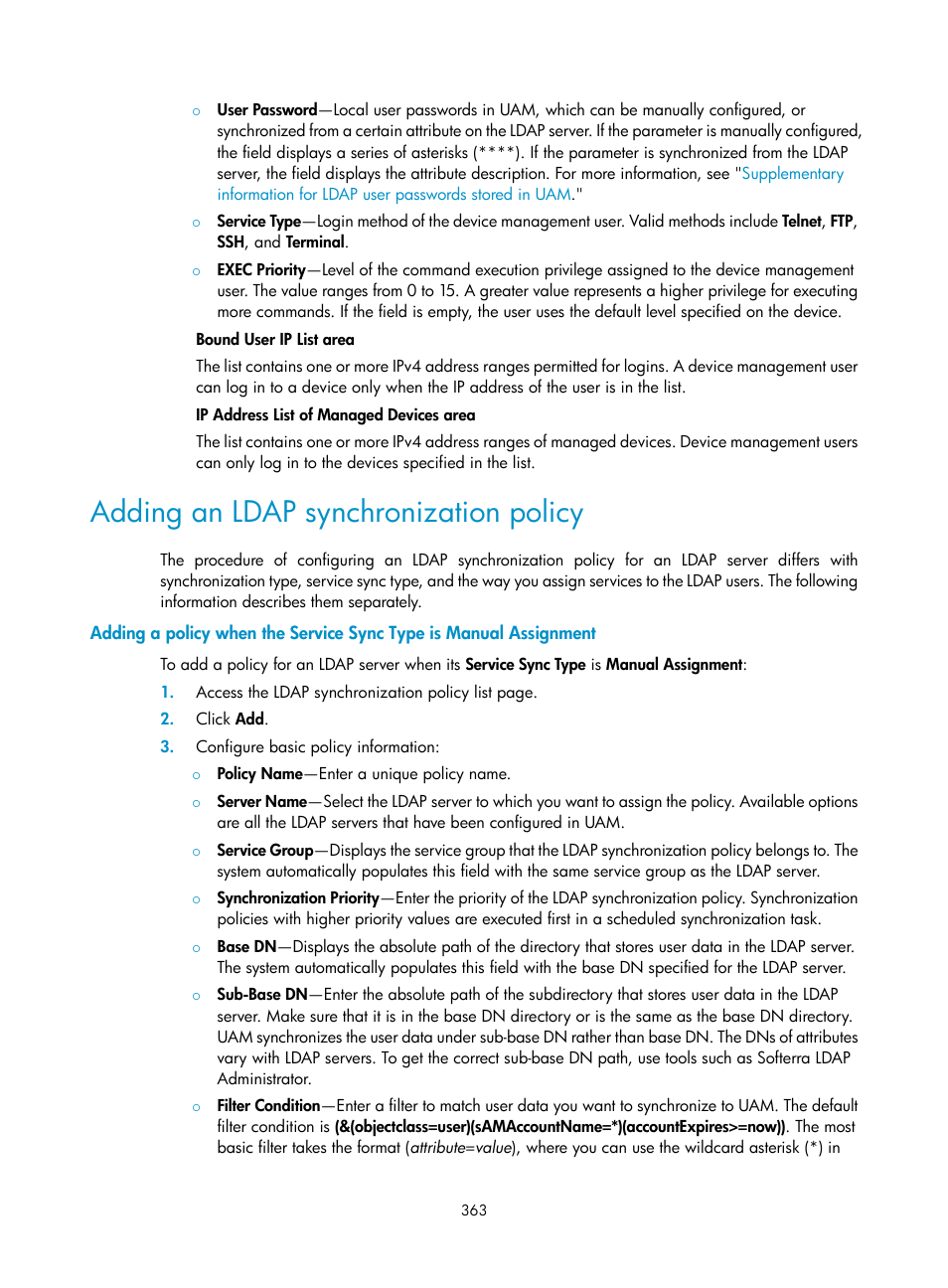 Adding an ldap synchronization policy | H3C Technologies H3C Intelligent Management Center User Manual | Page 381 / 641