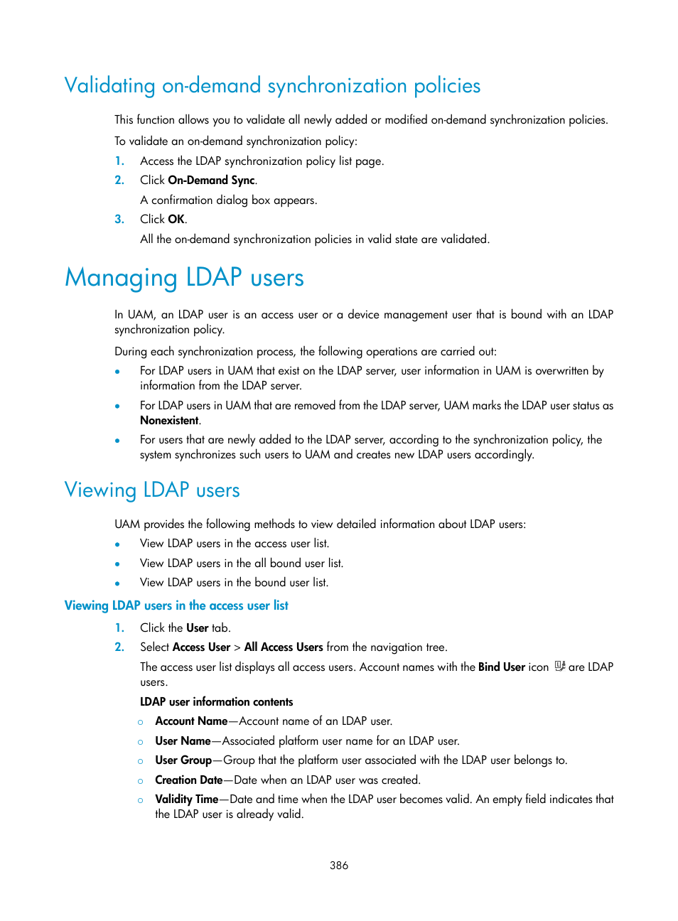 Validating on-demand synchronization policies, Managing ldap users, Viewing ldap users | Viewing ldap users in the access user list, Managing ldap, Users | H3C Technologies H3C Intelligent Management Center User Manual | Page 404 / 641