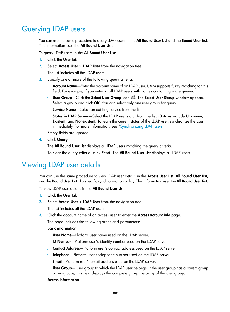 Querying ldap users, Viewing ldap user details | H3C Technologies H3C Intelligent Management Center User Manual | Page 406 / 641