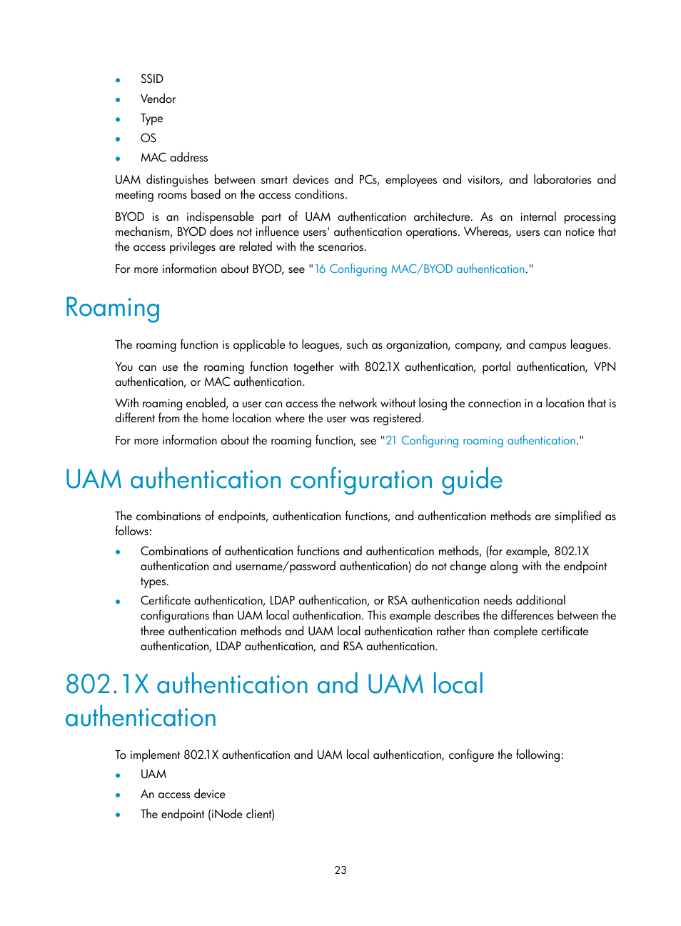 Roaming, Uam authentication configuration guide, 1x authentication and uam local authentication | H3C Technologies H3C Intelligent Management Center User Manual | Page 41 / 641