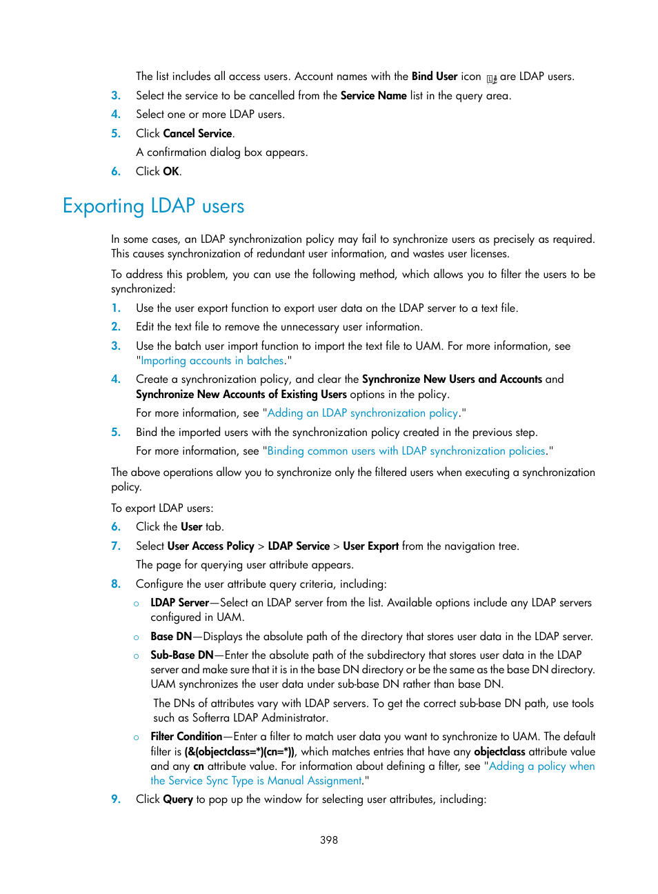 Exporting ldap users | H3C Technologies H3C Intelligent Management Center User Manual | Page 416 / 641