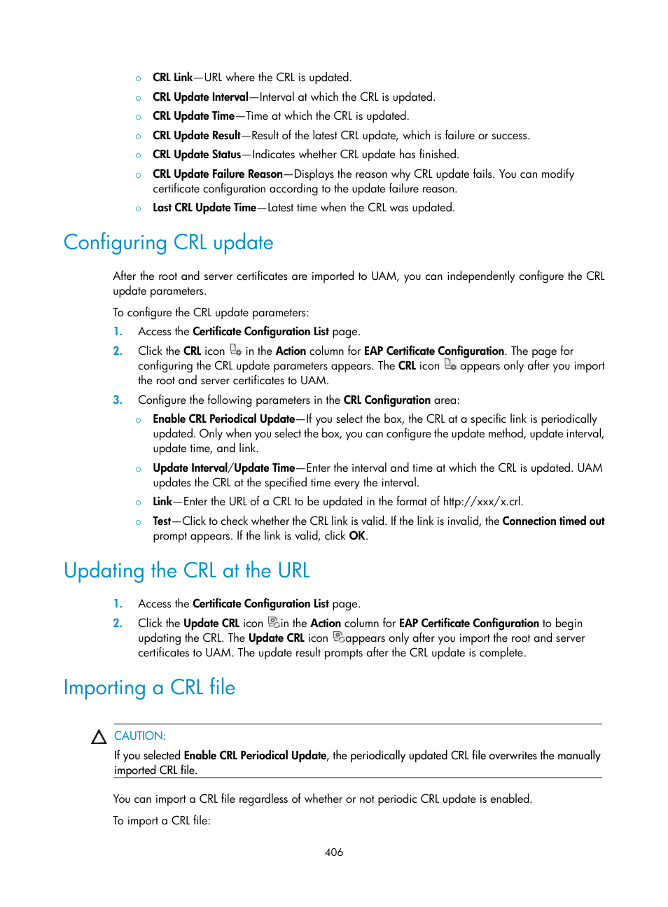 Configuring crl update, Updating the crl at the url, Importing a crl file | H3C Technologies H3C Intelligent Management Center User Manual | Page 424 / 641