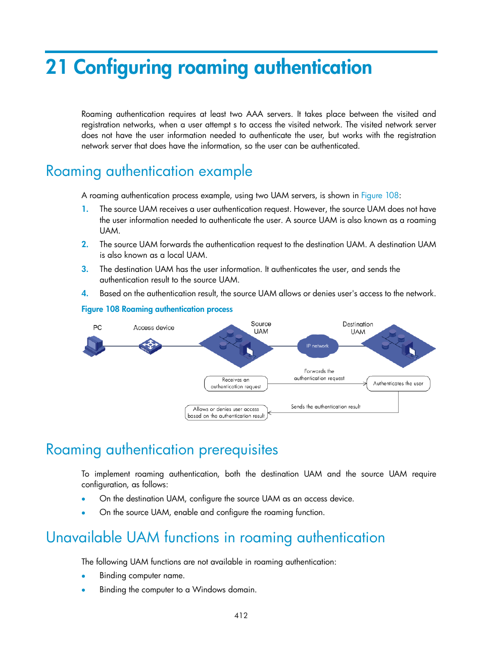 21 configuring roaming authentication, Roaming authentication example, Roaming authentication prerequisites | Ation, see, 21 configuring roaming, Authentication | H3C Technologies H3C Intelligent Management Center User Manual | Page 430 / 641