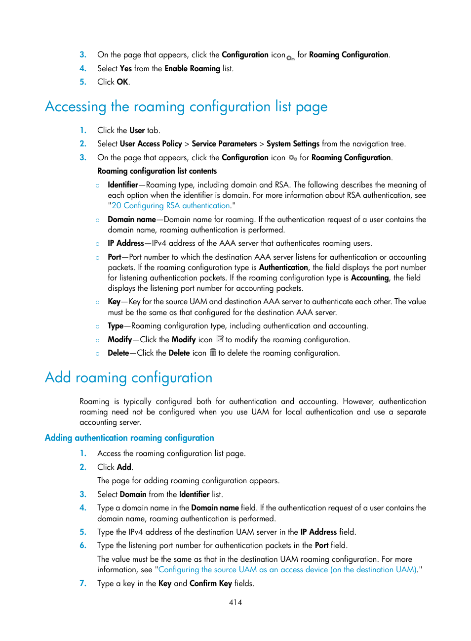 Add roaming configuration, Adding authentication roaming configuration, Accessing the roaming configuration list page | H3C Technologies H3C Intelligent Management Center User Manual | Page 432 / 641