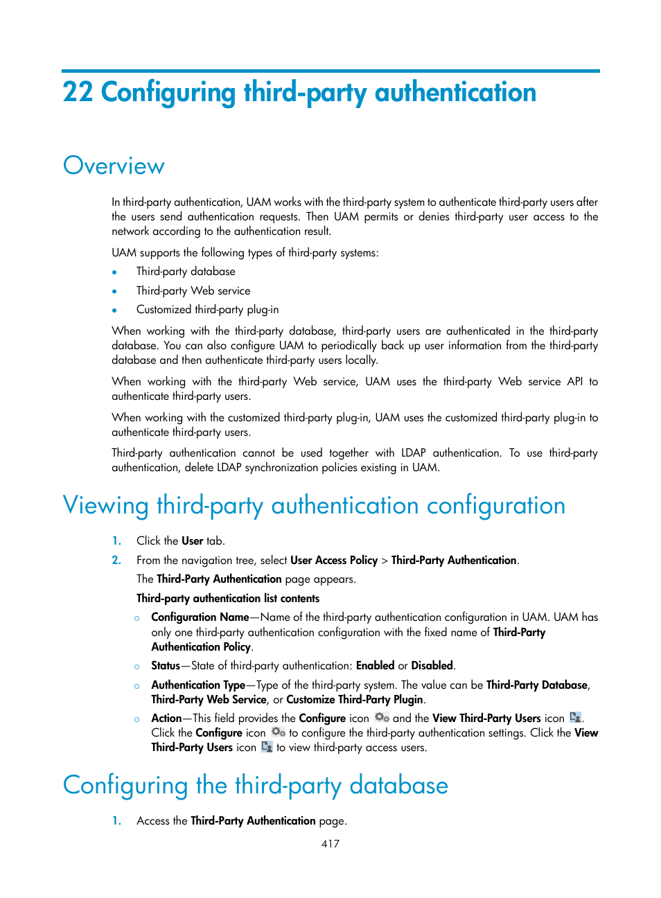22 configuring third-party authentication, Overview, Viewing third-party authentication configuration | Configuring the third-party database | H3C Technologies H3C Intelligent Management Center User Manual | Page 435 / 641