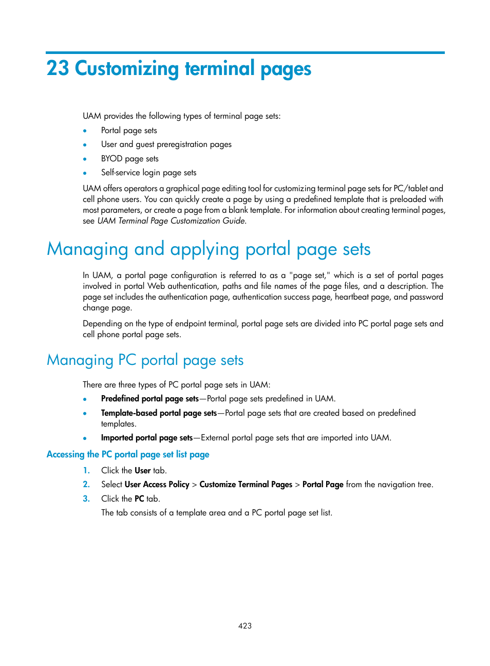 23 customizing terminal pages, Managing and applying portal page sets, Managing pc portal page sets | H3C Technologies H3C Intelligent Management Center User Manual | Page 441 / 641