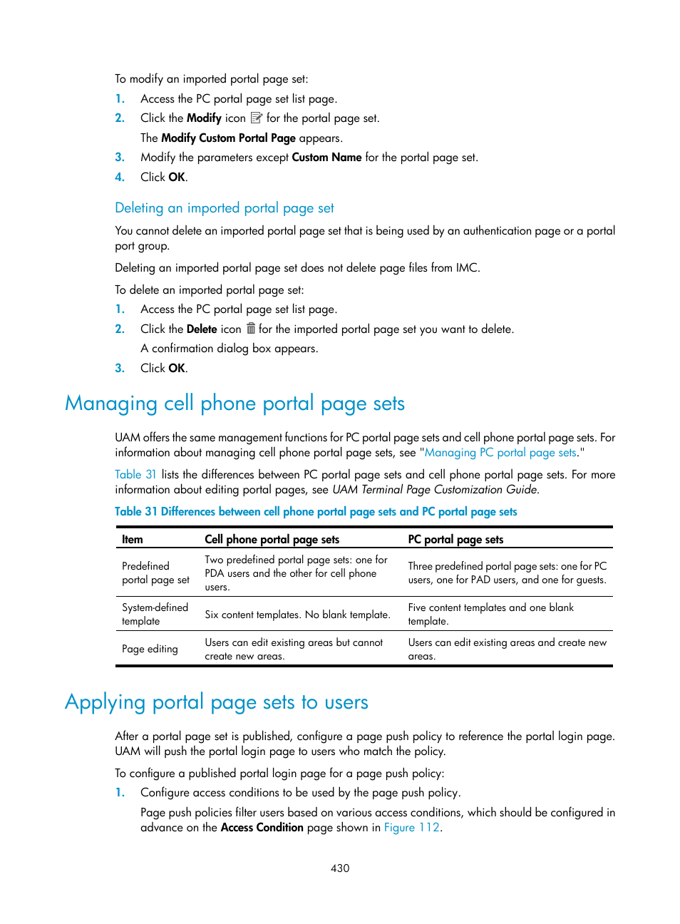 Managing cell phone portal page sets, Applying portal page sets to users | H3C Technologies H3C Intelligent Management Center User Manual | Page 448 / 641