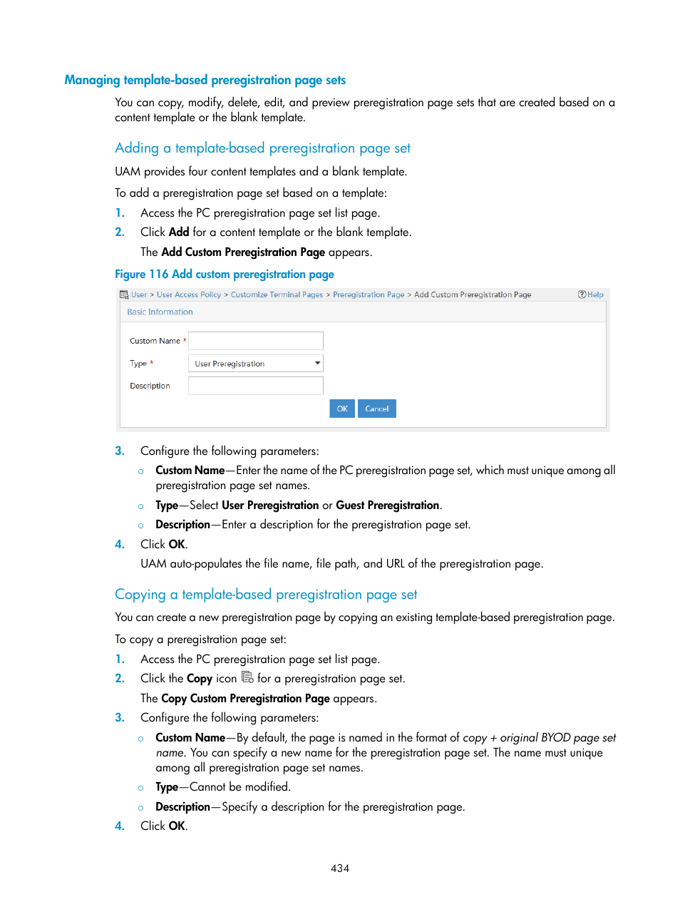 Adding a template-based preregistration page set, Copying a template-based preregistration page set | H3C Technologies H3C Intelligent Management Center User Manual | Page 452 / 641