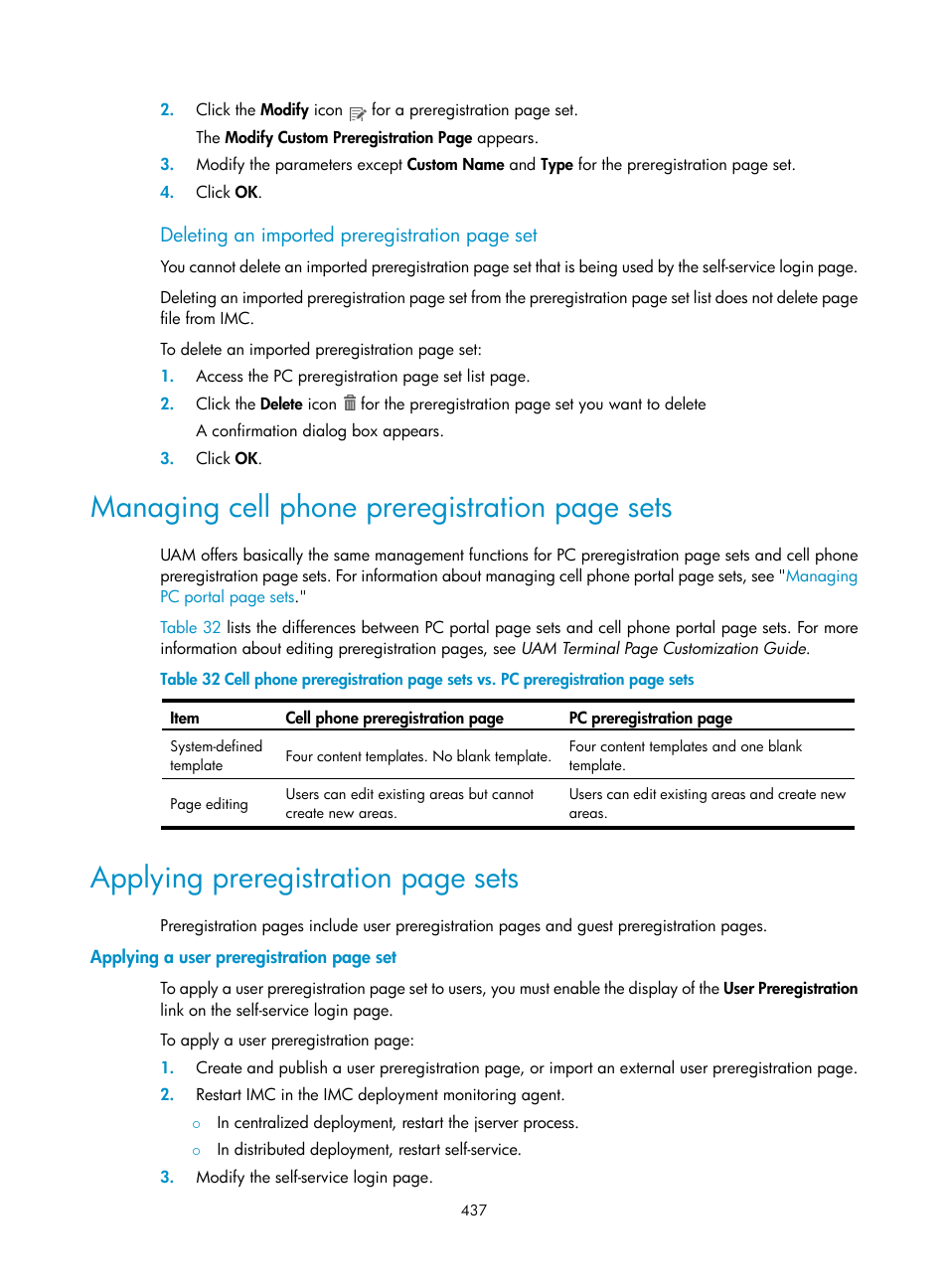 Managing cell phone preregistration page sets, Applying preregistration page sets | H3C Technologies H3C Intelligent Management Center User Manual | Page 455 / 641