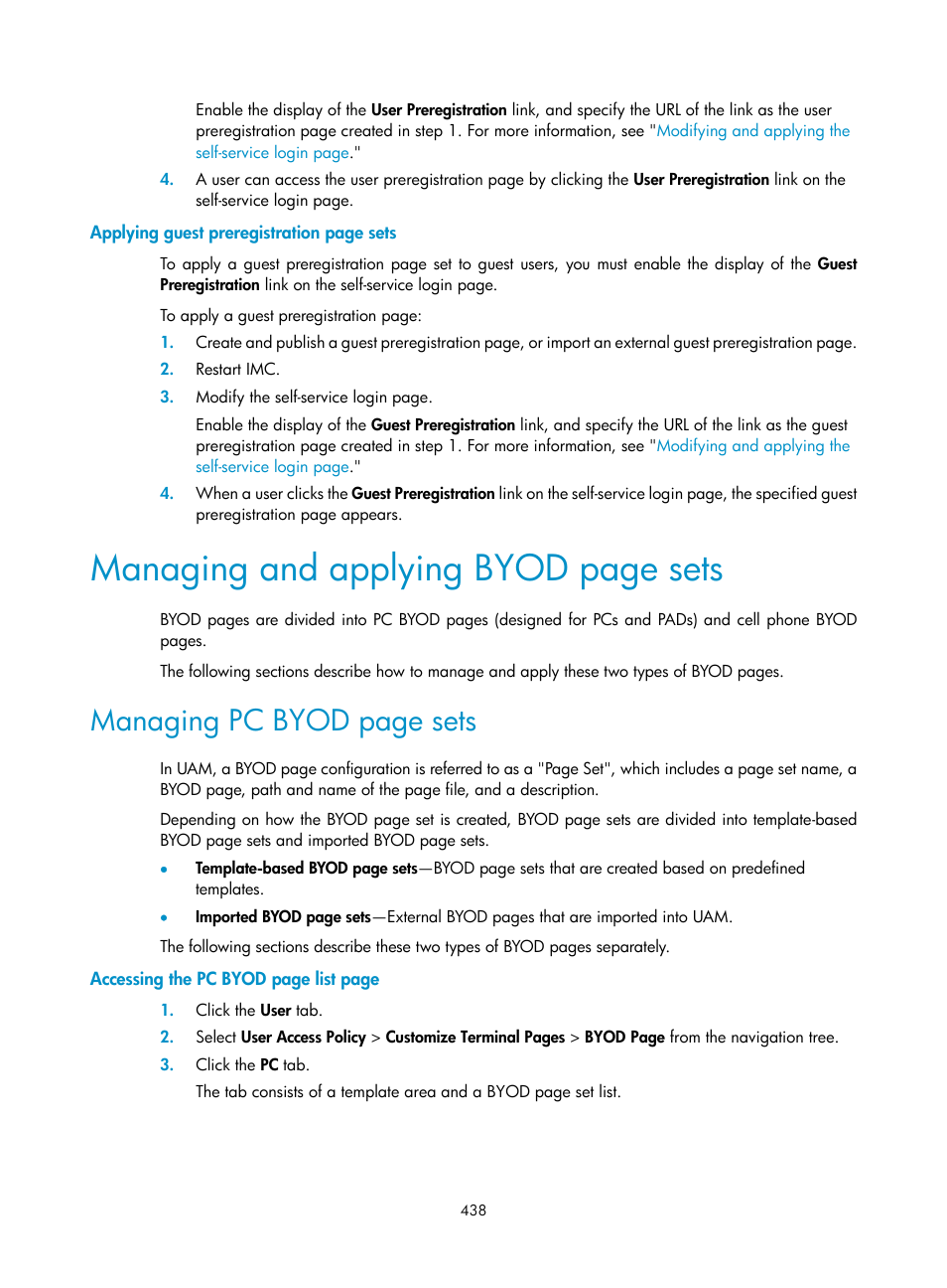 Managing and applying, Managing and, Managing and applying byod page sets | Managing pc byod page sets | H3C Technologies H3C Intelligent Management Center User Manual | Page 456 / 641