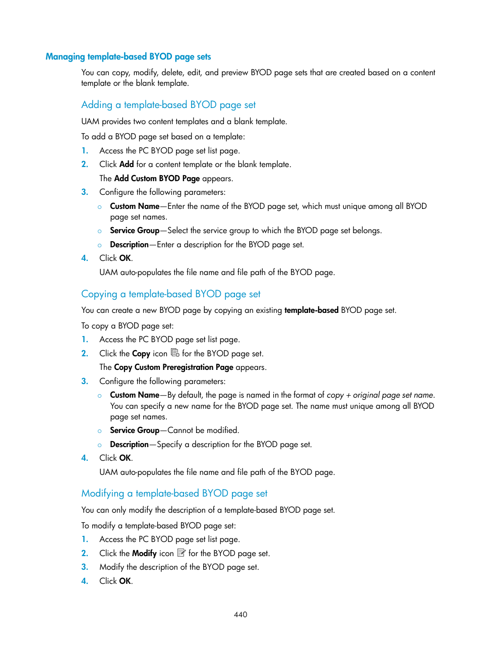 Adding a template-based byod page set, Copying a template-based byod page set, Modifying a template-based byod page set | H3C Technologies H3C Intelligent Management Center User Manual | Page 458 / 641