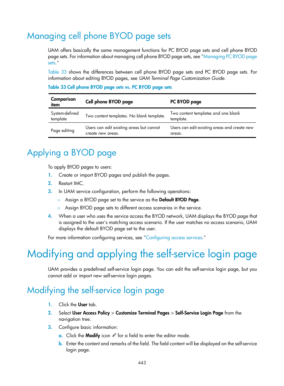 Modifying the self-service, Modifying and applying the, Modifying and applying the self-service login page | Managing cell phone byod page sets, Applying a byod page, Modifying the self-service login page | H3C Technologies H3C Intelligent Management Center User Manual | Page 461 / 641