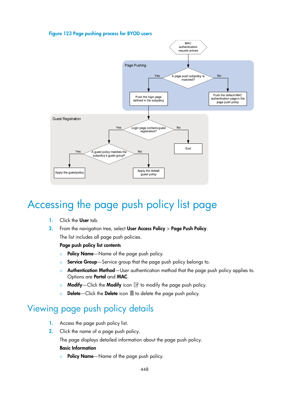 Figure 123, Accessing the page push policy list page, Viewing page push policy details | H3C Technologies H3C Intelligent Management Center User Manual | Page 466 / 641