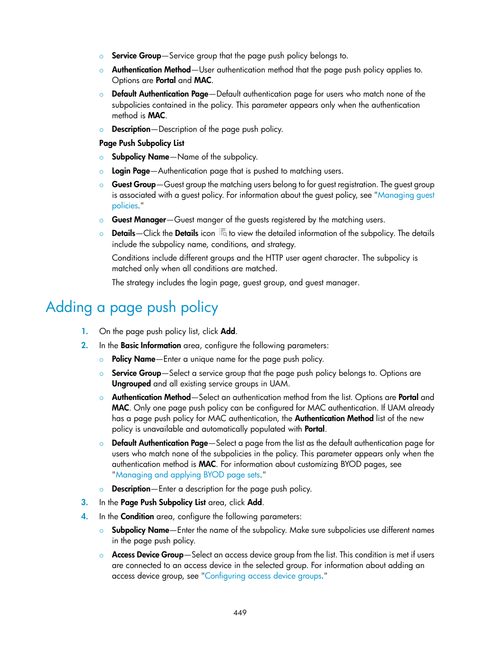 Adding a page push policy | H3C Technologies H3C Intelligent Management Center User Manual | Page 467 / 641