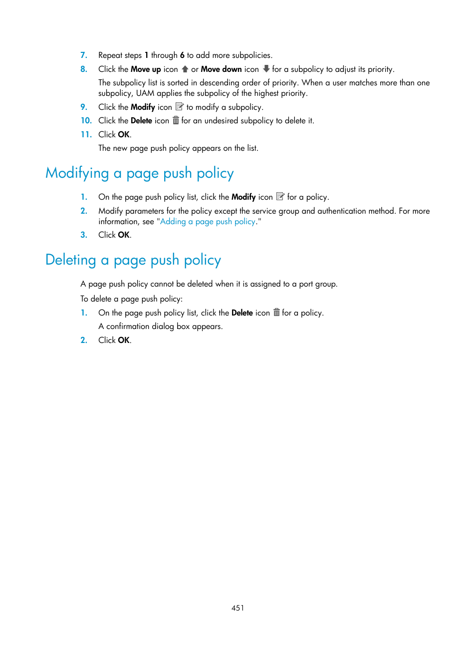 Modifying a page push policy, Deleting a page push policy | H3C Technologies H3C Intelligent Management Center User Manual | Page 469 / 641