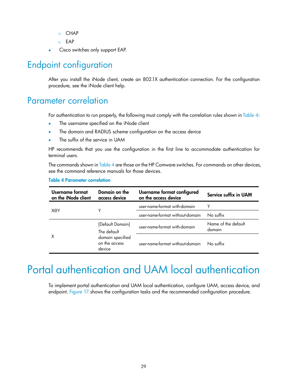 Endpoint configuration, Parameter correlation, Portal authentication and uam local authentication | H3C Technologies H3C Intelligent Management Center User Manual | Page 47 / 641