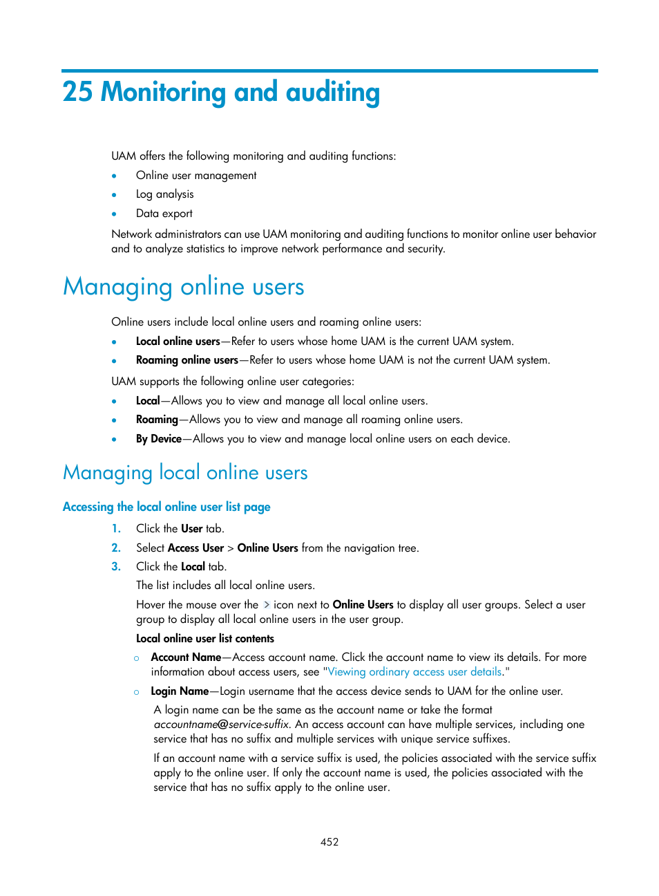 25 monitoring and auditing, Managing online users, Managing local online users | H3C Technologies H3C Intelligent Management Center User Manual | Page 470 / 641