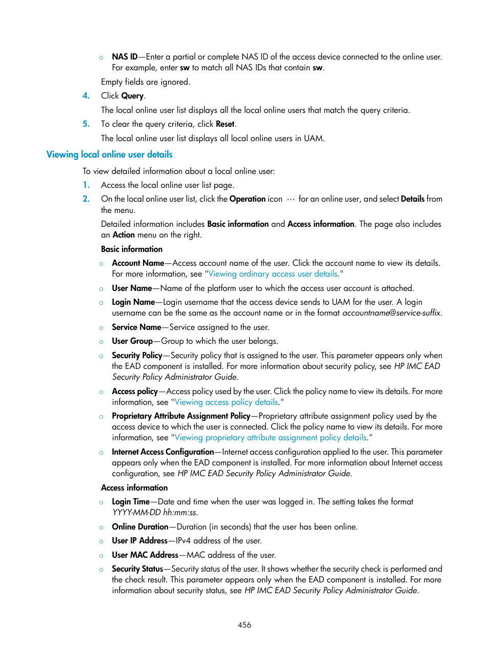 Viewing local online user details | H3C Technologies H3C Intelligent Management Center User Manual | Page 474 / 641