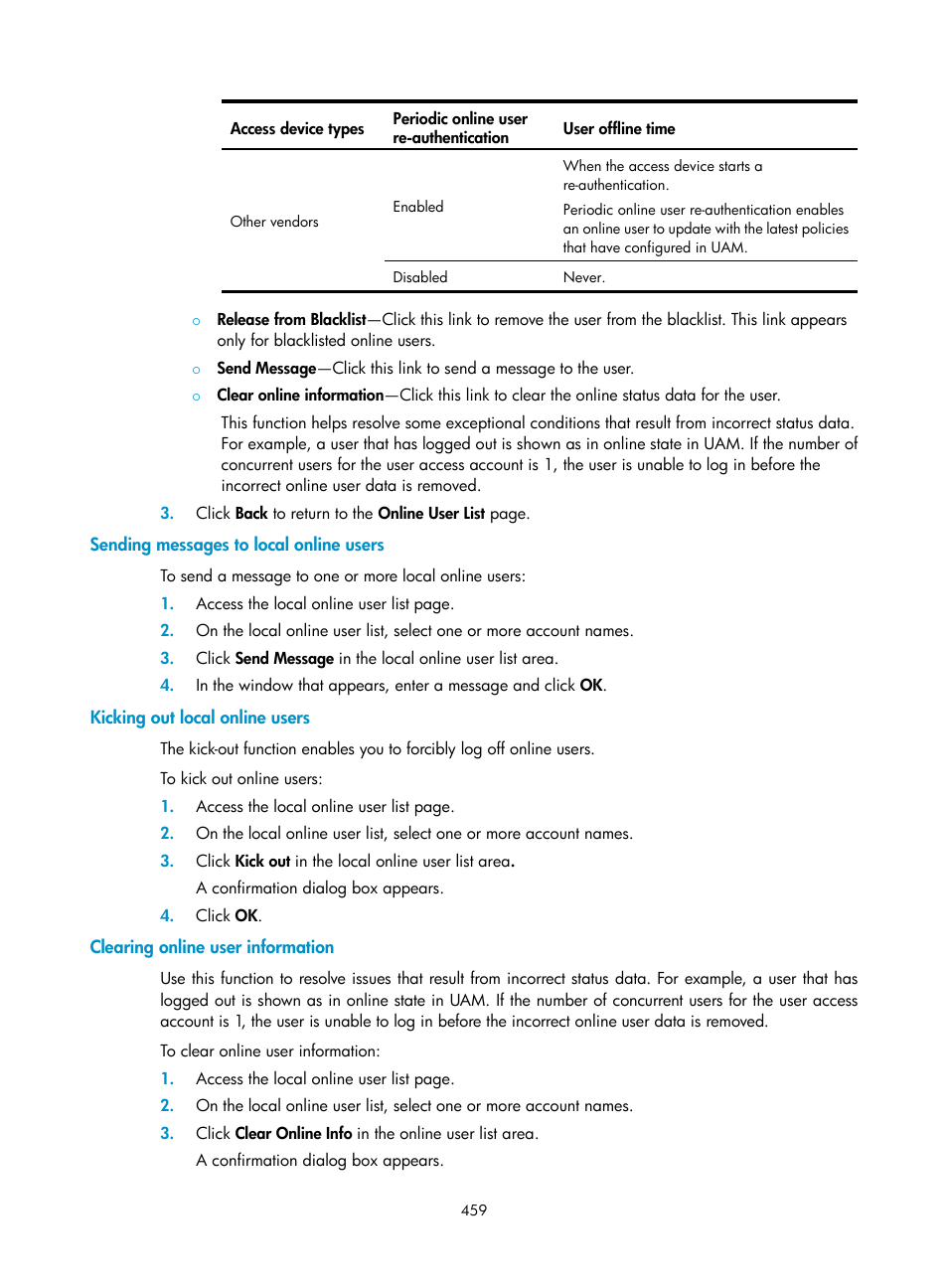 Sending messages to local online users, Kicking out local online users, Clearing online user information | H3C Technologies H3C Intelligent Management Center User Manual | Page 477 / 641