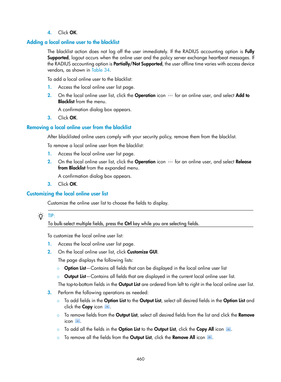 Adding a local online user to the blacklist, Removing a local online user from the blacklist, Customizing the local online user list | H3C Technologies H3C Intelligent Management Center User Manual | Page 478 / 641