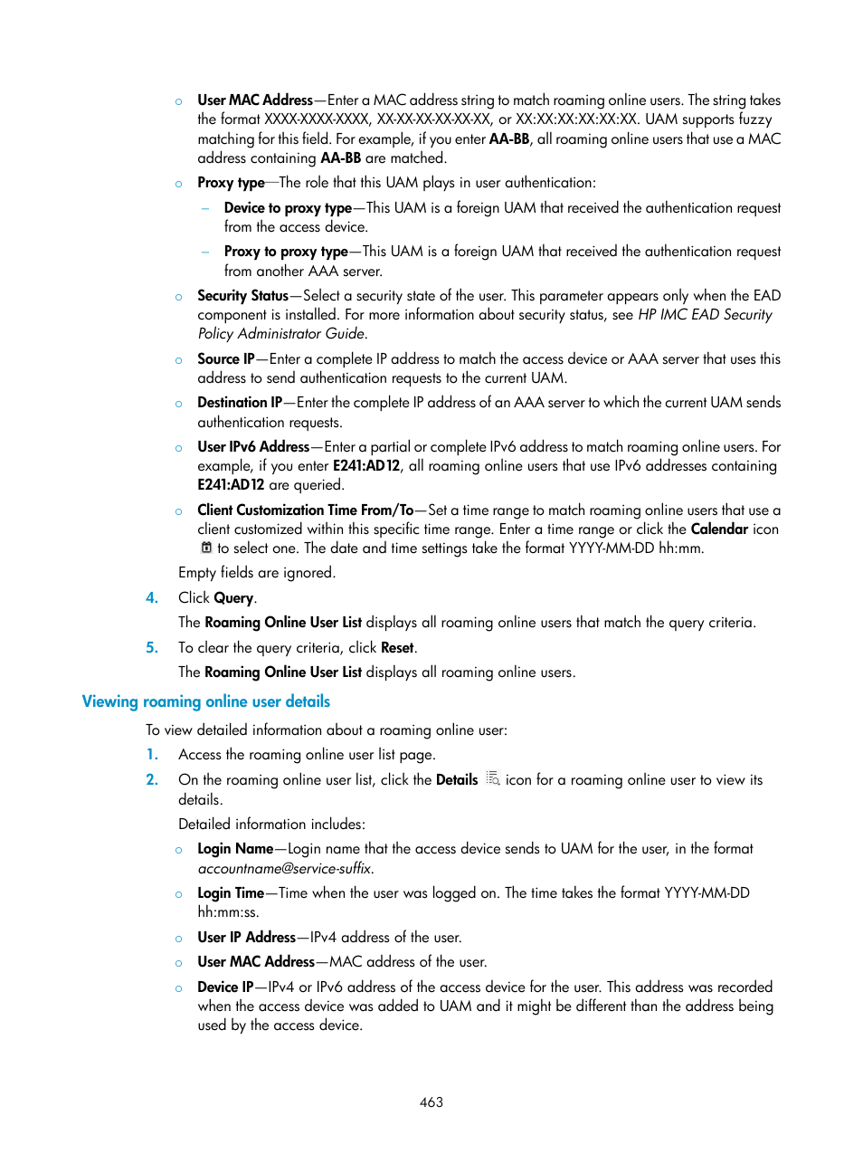 Viewing roaming online user details | H3C Technologies H3C Intelligent Management Center User Manual | Page 481 / 641