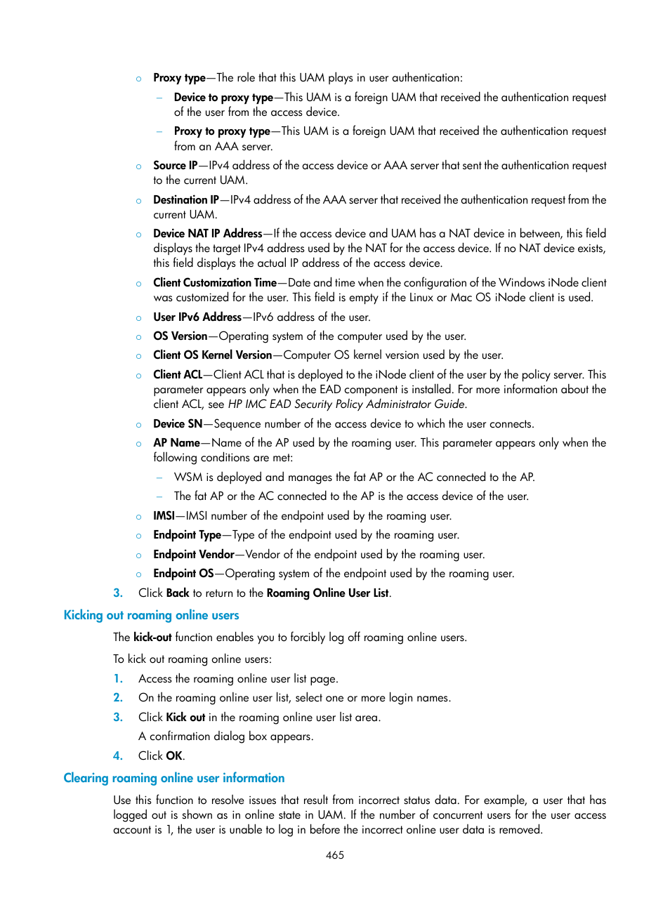 Kicking out roaming online users, Clearing roaming online user information | H3C Technologies H3C Intelligent Management Center User Manual | Page 483 / 641