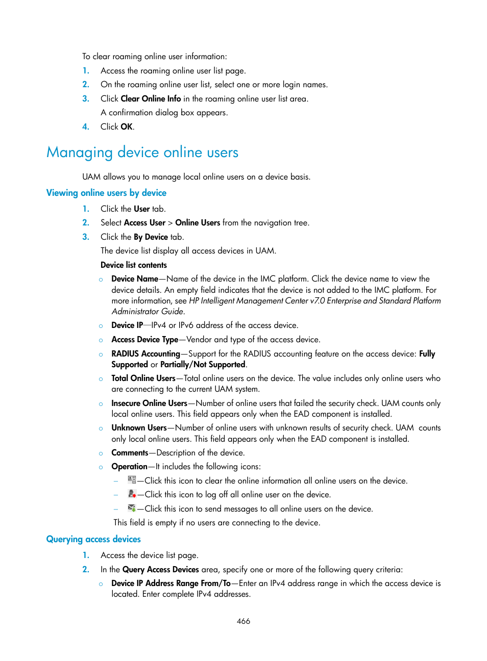 Managing device online users, Viewing online users by device, Querying access devices | H3C Technologies H3C Intelligent Management Center User Manual | Page 484 / 641