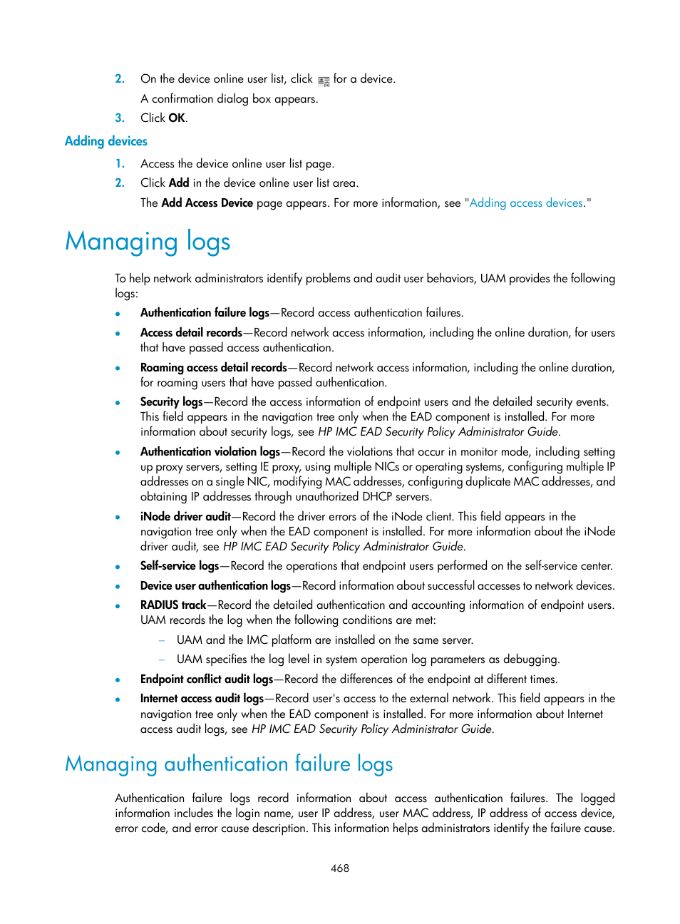 Adding devices, Managing logs, Managing authentication failure logs | Managing authentication, Failure logs | H3C Technologies H3C Intelligent Management Center User Manual | Page 486 / 641