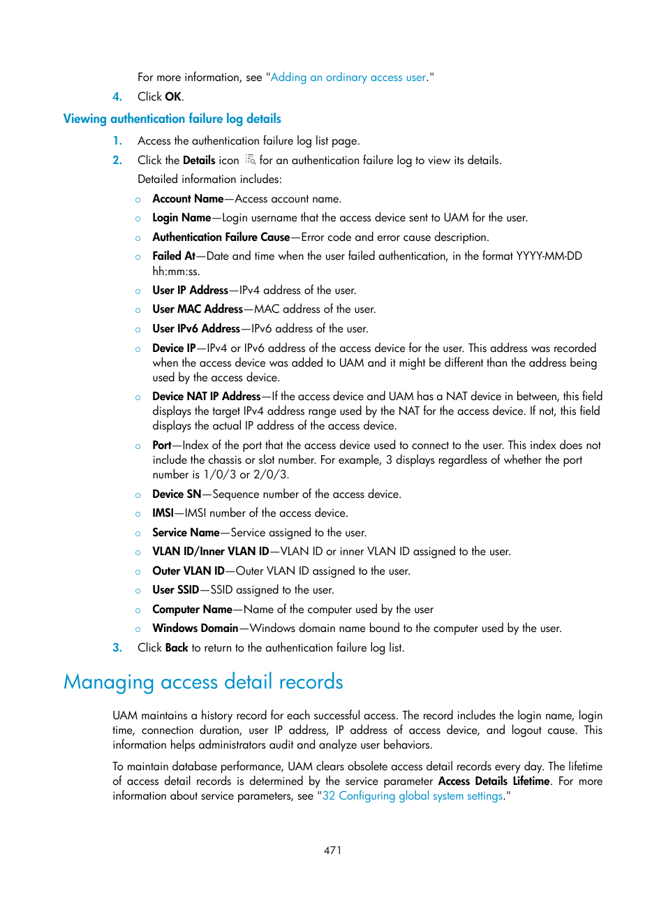 Viewing authentication failure log details, Managing access detail records | H3C Technologies H3C Intelligent Management Center User Manual | Page 489 / 641