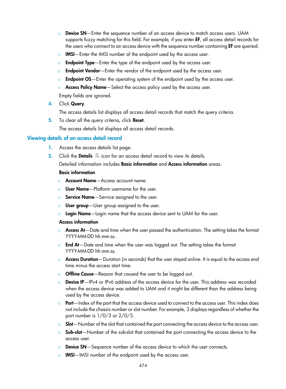 Viewing details of an access detail record | H3C Technologies H3C Intelligent Management Center User Manual | Page 492 / 641
