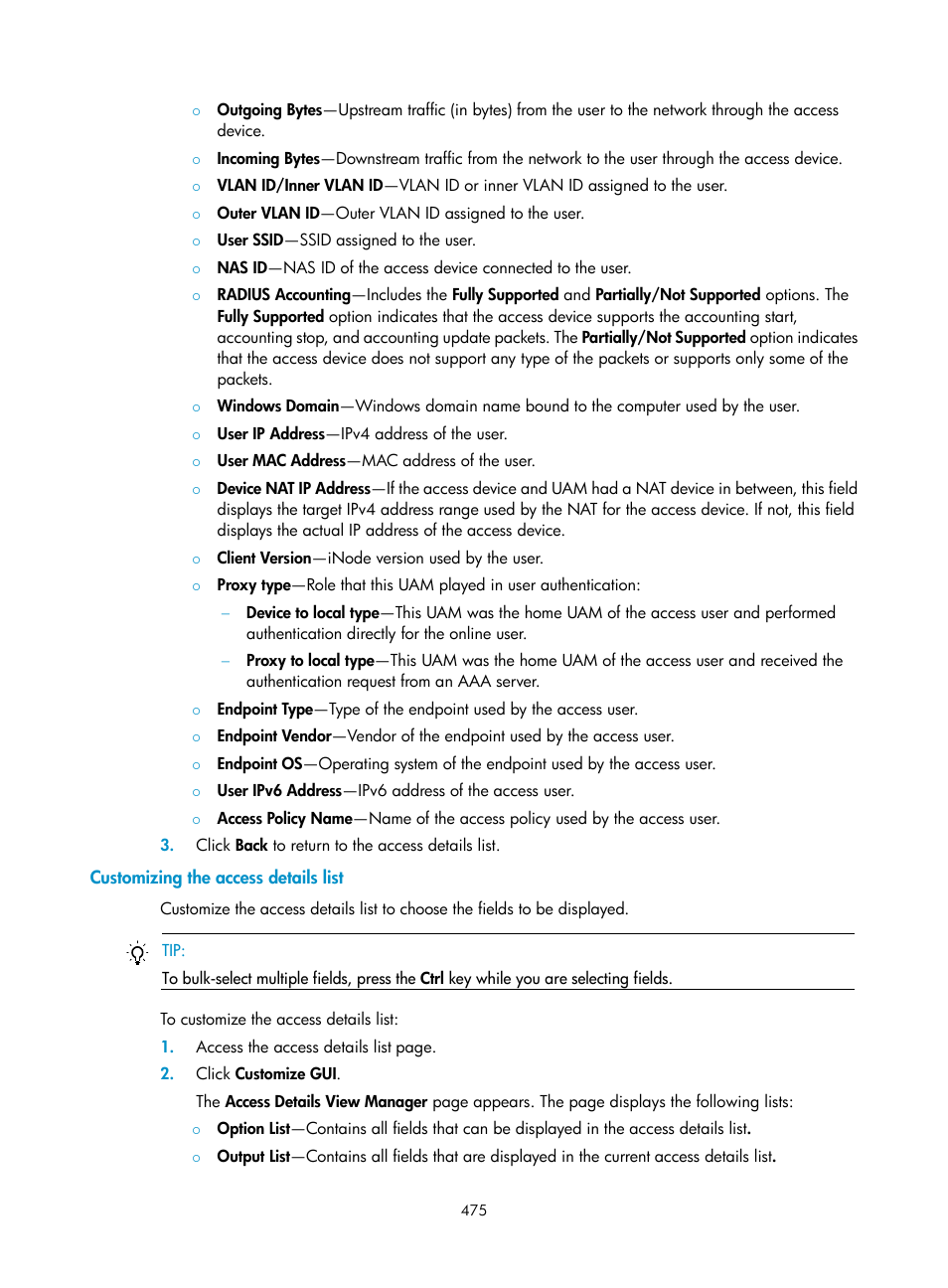 Customizing the access details list | H3C Technologies H3C Intelligent Management Center User Manual | Page 493 / 641