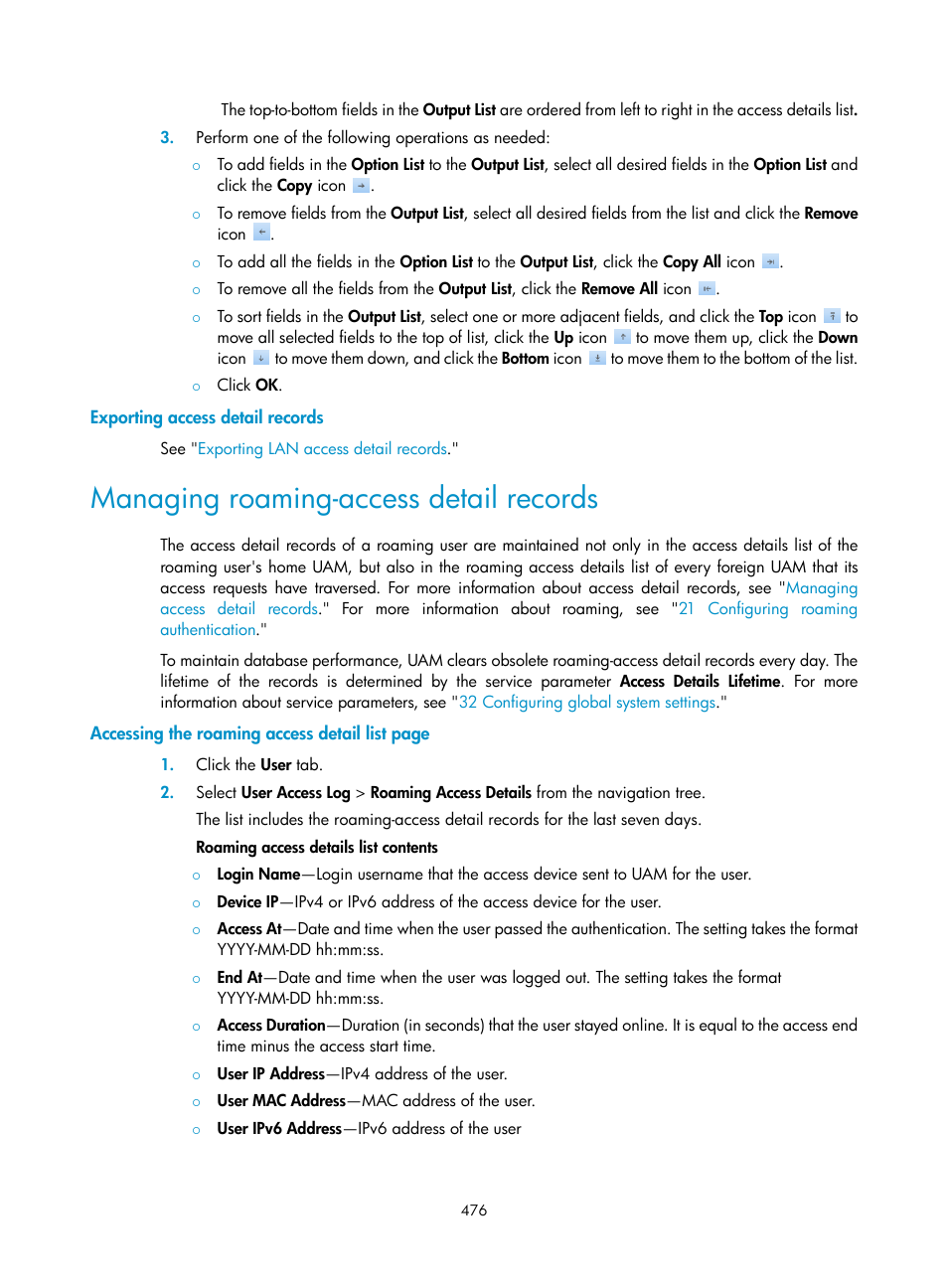 Exporting access detail records, Managing roaming-access detail records | H3C Technologies H3C Intelligent Management Center User Manual | Page 494 / 641