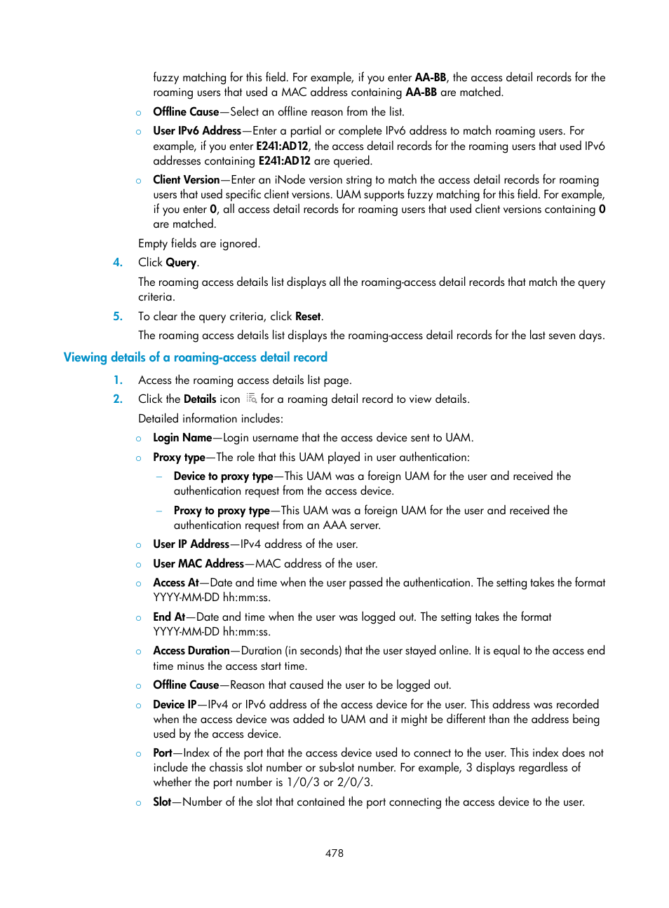 Viewing details of a roaming-access detail record | H3C Technologies H3C Intelligent Management Center User Manual | Page 496 / 641