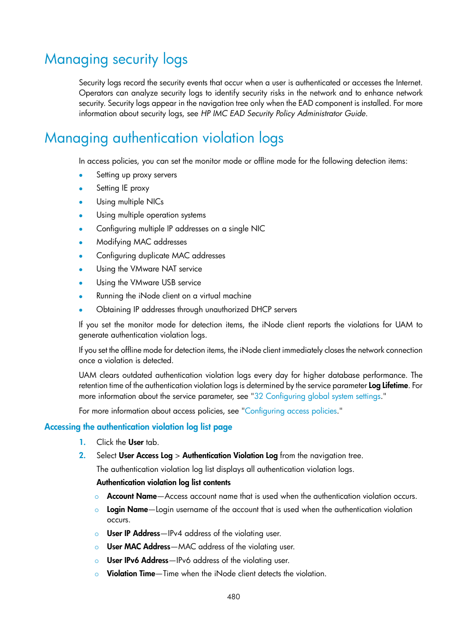 Managing security logs, Managing authentication violation logs, Managing authentication | Violation logs | H3C Technologies H3C Intelligent Management Center User Manual | Page 498 / 641